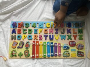 Wooden multifunction kids tangram, building blocks fishing activity board